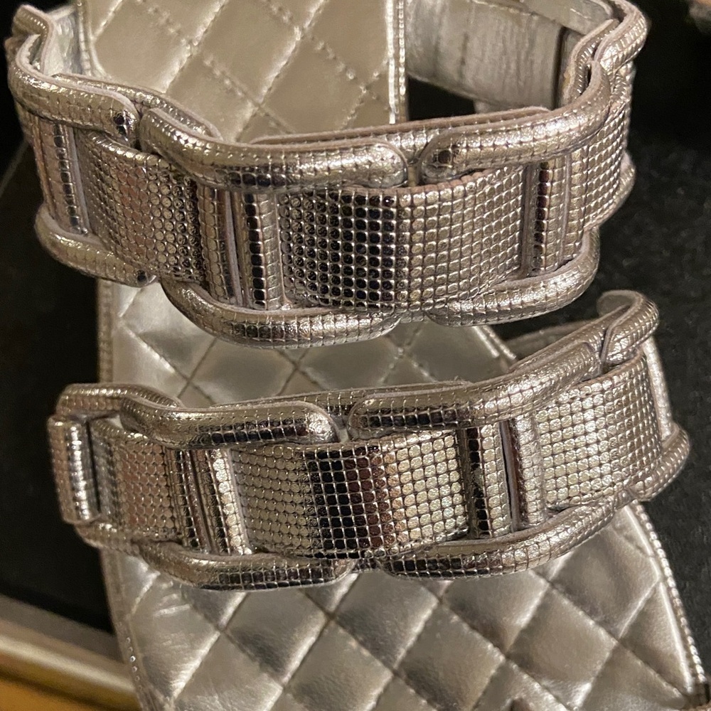 CHANEL Silver Calfskin Quilted Slip In Sandals 7.5 - Picture 13 of 16